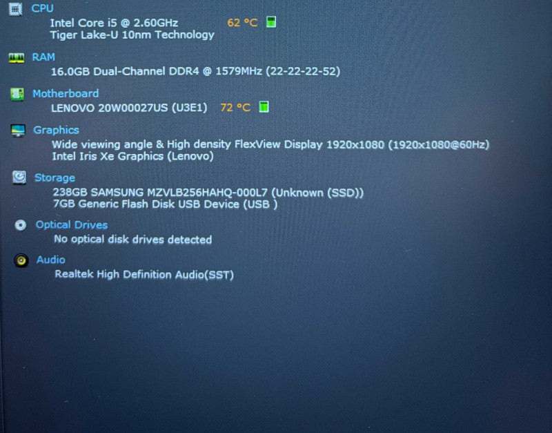 Lenovo ThinkPad Gen 2 Core i5-1145G7@2.6GHz 16GB RAM 256GB SSD  Lap200