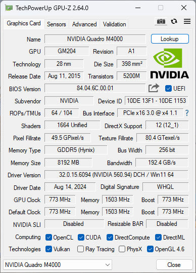 NVIDIA Quadro M4000 8GB GDDR5 Graphics Card - 4xDP Q