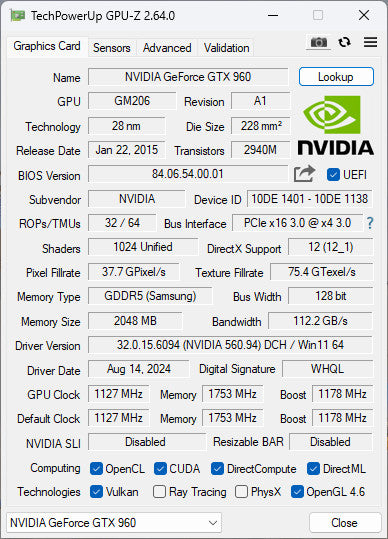 Nvidia GeForce GTX 960 2GB GDDR5 Graphics Card 0H4P1K - 3xDP 1xHDMI 1xDVI