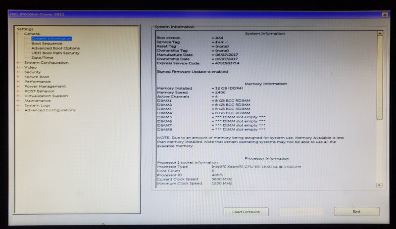 Dell Precision T5810 Xeon E5-1650 v4 32GB DDR4 K2200 - No HDD