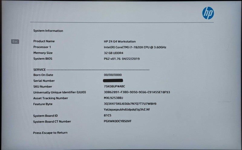 HP Z4 G4 Workstation, i7-7820X 3.60GHz, 32GB DDR4, 256GB NVMe, K2200