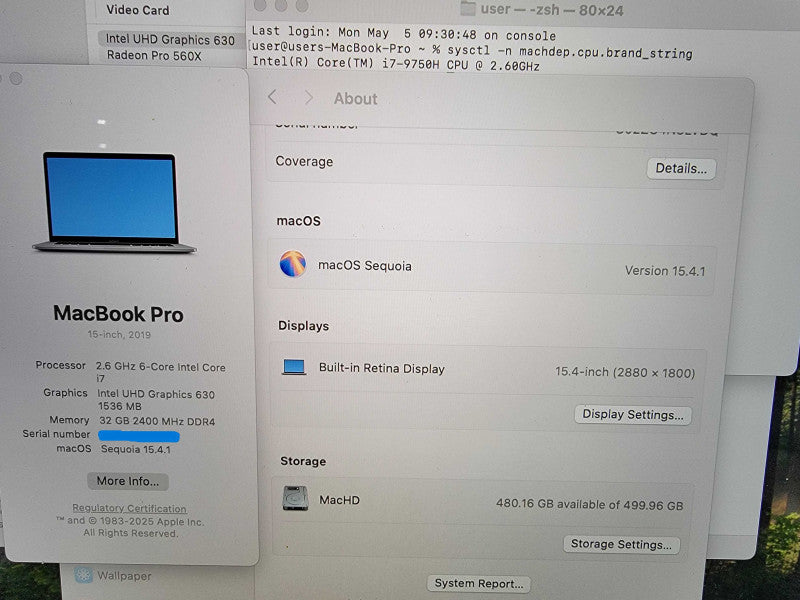 Apple MacBook Pro 15" A1990 2019 | i7-9750H @2.6GHz 32GB RAM 512GB SSD READ