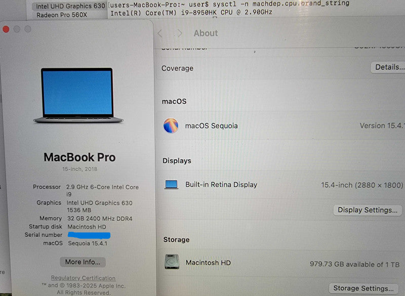 Apple MacBook Pro 15" A1990 2018 | i9-8950HK @2.9GHz 32GB RAM 1TB SSD READ