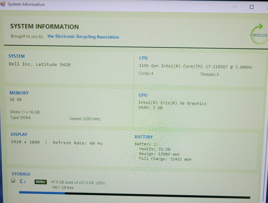 Dell Latitude 5420 i7-1185g7 @3.00GHz 16GB DDR4 256GB NVMe  Lap200