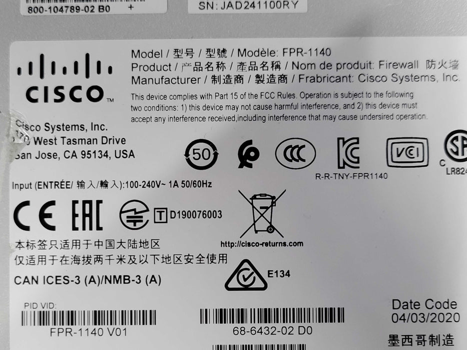 Cisco FPR-1140 Firewall 8 Port Gigabit 4 SFP 1G with FPR1K-SSD200, READ _