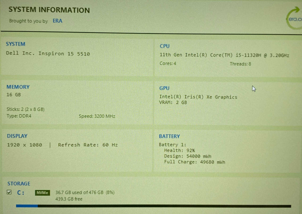 Dell Inspiron 15 5510 Core i5-11320H@3.20GHz 16GB RAM 512GB SSD  Lap200