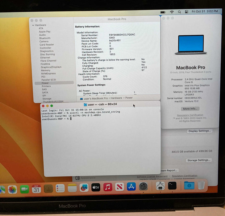 Apple MacBook Pro 13" 2019 i5-8279U 16GB RAM 512GB SSD No Power Adapter