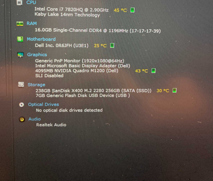 Dell Precision 5520 i7-7820HQ@2.9Gh QUADRO M1200 4GB GPU 16GB RAM 256GB SSD  Lap200