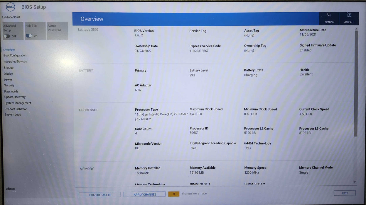 Dell Latitude 3520, i5-1145G7 2.60GHz, 16GB DDR4, 256GB NVMe, No AC  Lap200