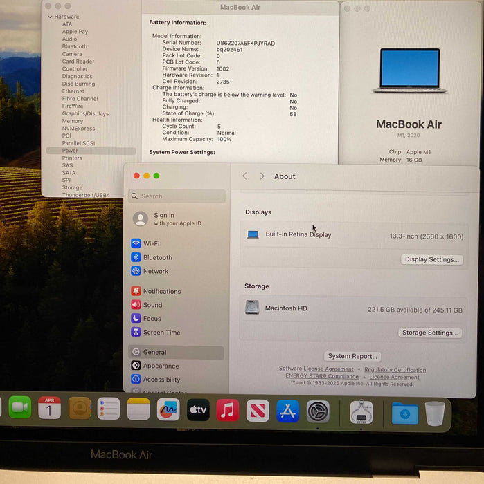 Apple MacBook Air M1 2020 16GB RAM 256GB SSD No Power Adapter