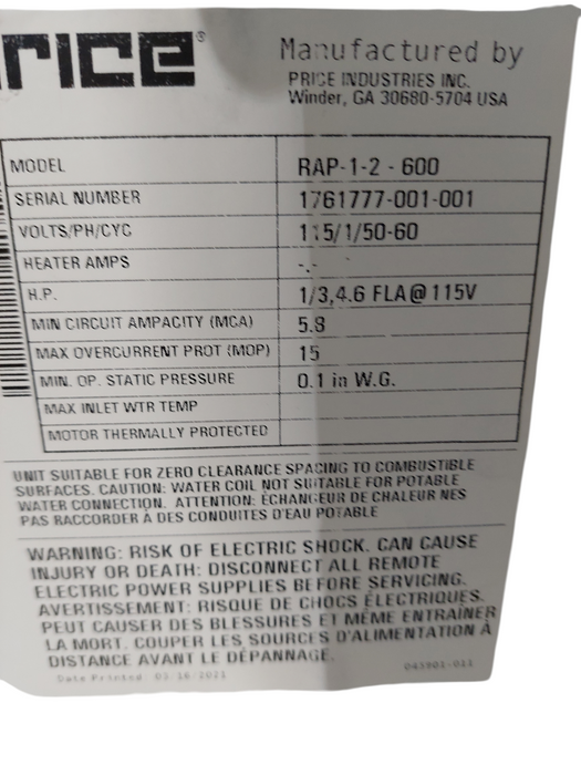 RAP – Room Air Purifier (Filtering System) 600CFM Model:RAP -1-2 600  =