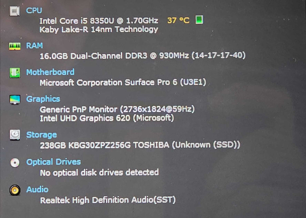 Microsoft Surface Pro 6 (1796) - i5-8350U, 16GB RAM, 256GB SSD )