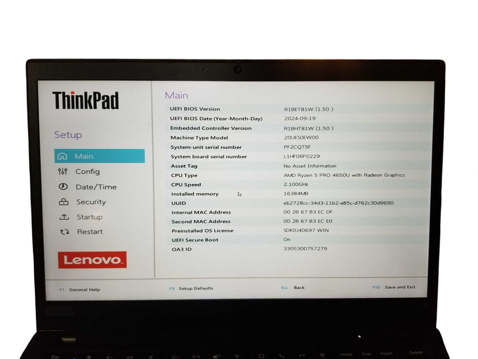 Lenovo ThinkPad T14 Gen 1 AMD Ryzen 5 PRO 4650U@2.10GHz 16GB RAM 120GB NVMe  Lap200