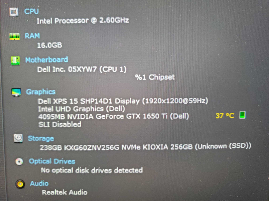 Dell XPS 15 9500 6-Core i7‑10750H @ 2.60GH 16GB 256GB NVMe GTX 1650 TI 4GB READ Lap200