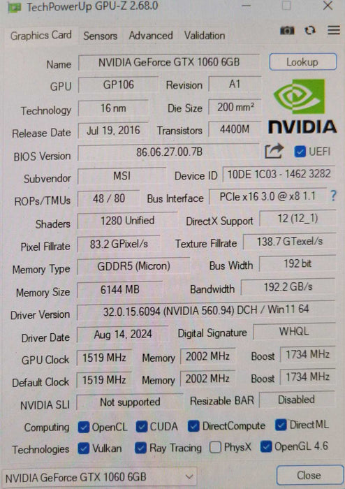 MSI GeForce GTX 1060 Gaming 6GB GDDR5 Graphics card _