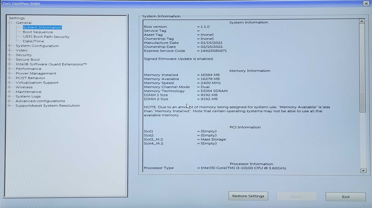 Dell OptiPlex 3080 SFF, i3-10100 3.60GHz, 16GB DDR4, 256GB NVMe
