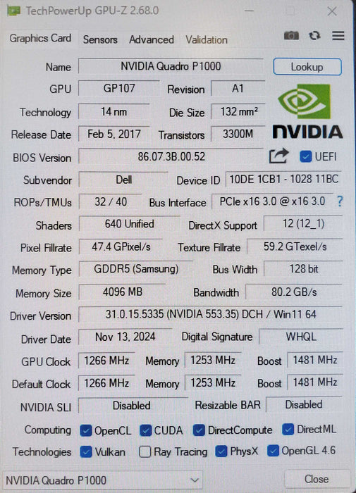NVIDIA Quadro P1000 4GB GDDR5 - Graphics Card