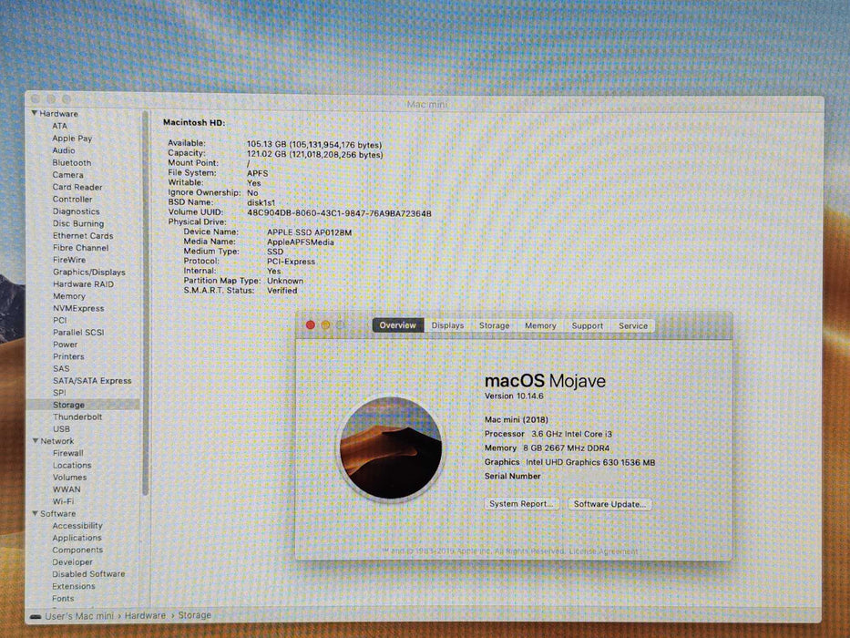 Apple Mac mini A1993 2018, Intel Core I3-8100B 8GB DDR4, 128GB Storage