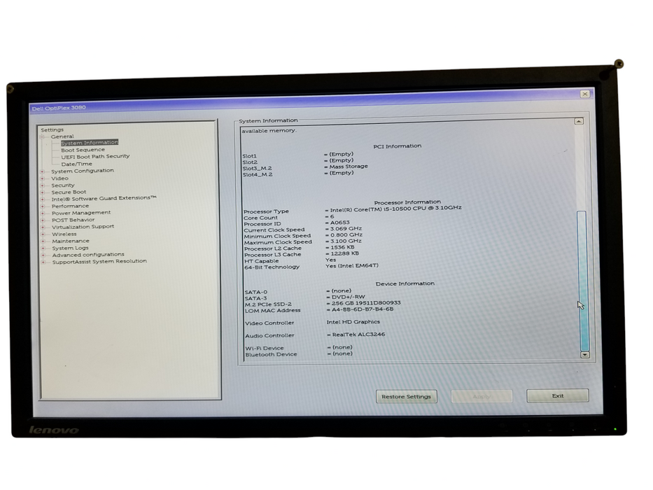 Dell OptiPlex 3080 Core i5-10500 CPU 3.10GHz 16GB DDR4 - 256GB NVMe