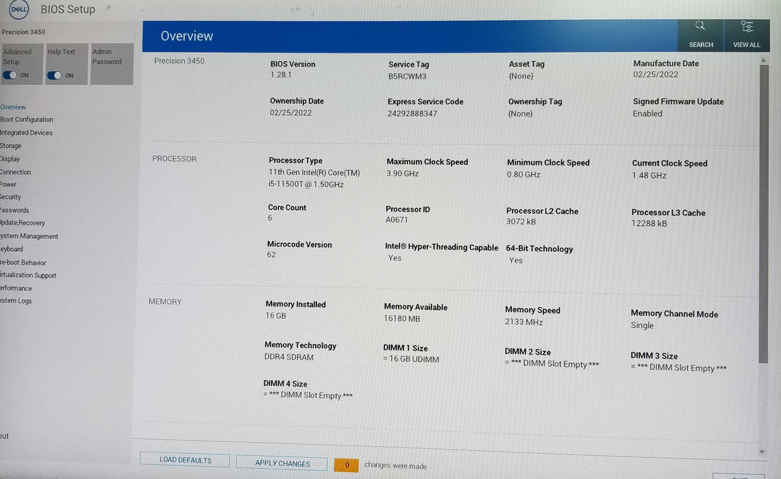 Dell Precision 3450 SFF 11th Gen i5-11500T CPU 16GB RAM No HDD