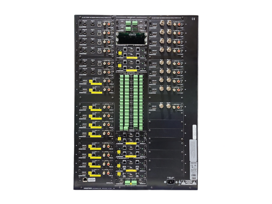 Crestron DM-MD32x32, 6xDMC-HD, 9xDMC-SDI, 10xDMC-S, 5xDMCO-44, 2xDMCO-33