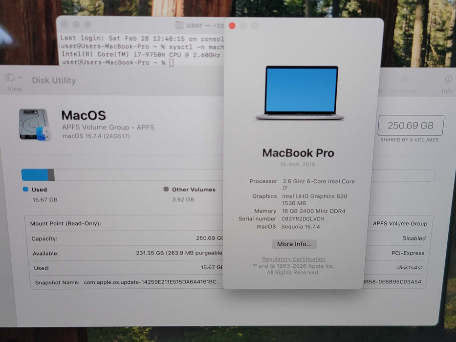 Apple Macbook Pro 2019 15" 6-Core i7-9750H @ 2.6GHz 16GB DDR4 250GB SSD GPU (