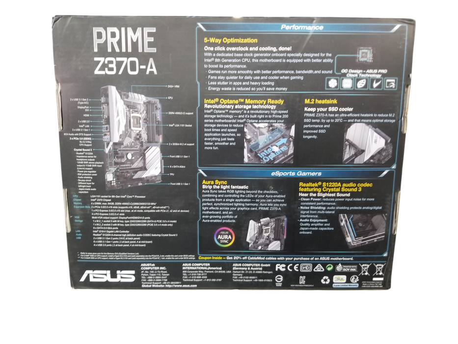 ASUS PRIME Z370-A LGA1151 Intel Motherboard RGB - New / Open Box  Q