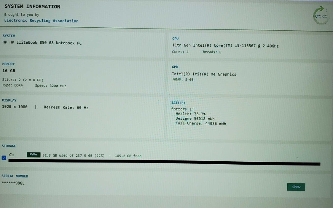 HP EliteBook 850 G8 Core i5-1135G7@2.40GHz 16GB RAM 256GB SSD  Lap200