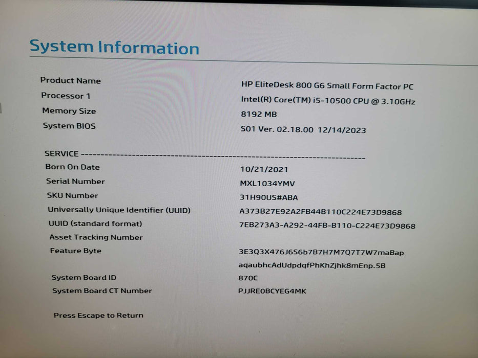 HP EliteDesk 800 G6 SFF - Core i5-10500 8GB DDR4 NO HDD %