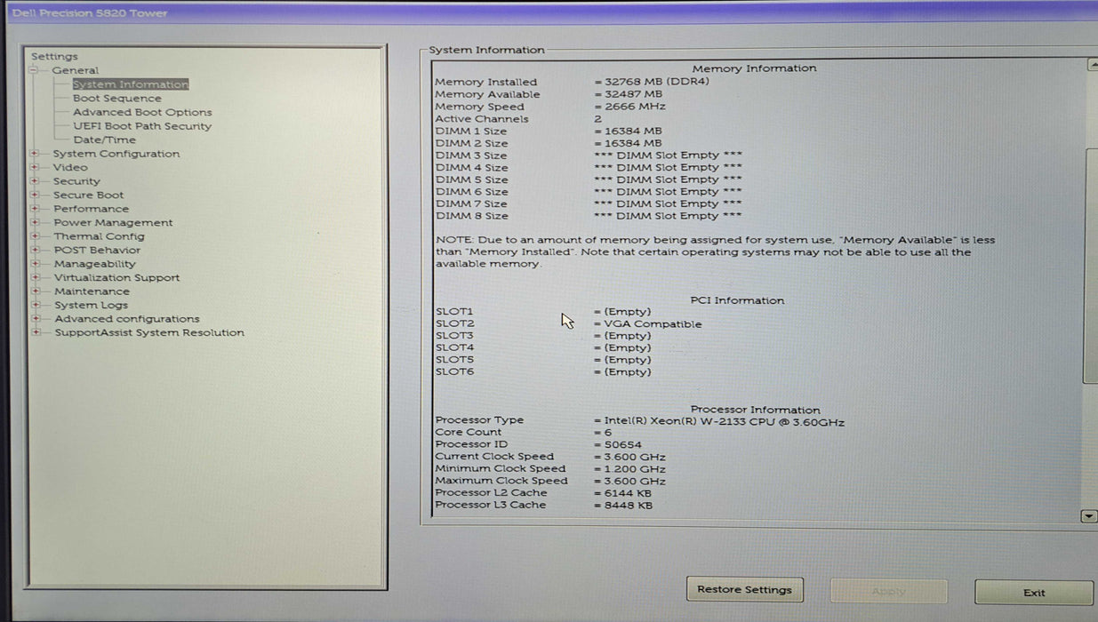 Dell Precision 5820 Tower | Xeon W-2133 @3.60GHz, 32GB DDR4, No GPU/HDD )
