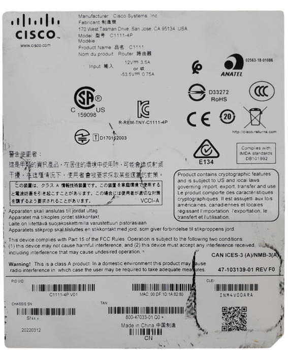 Cisco ISR 1100 Series C1111-4P V01 Services Integrated Router