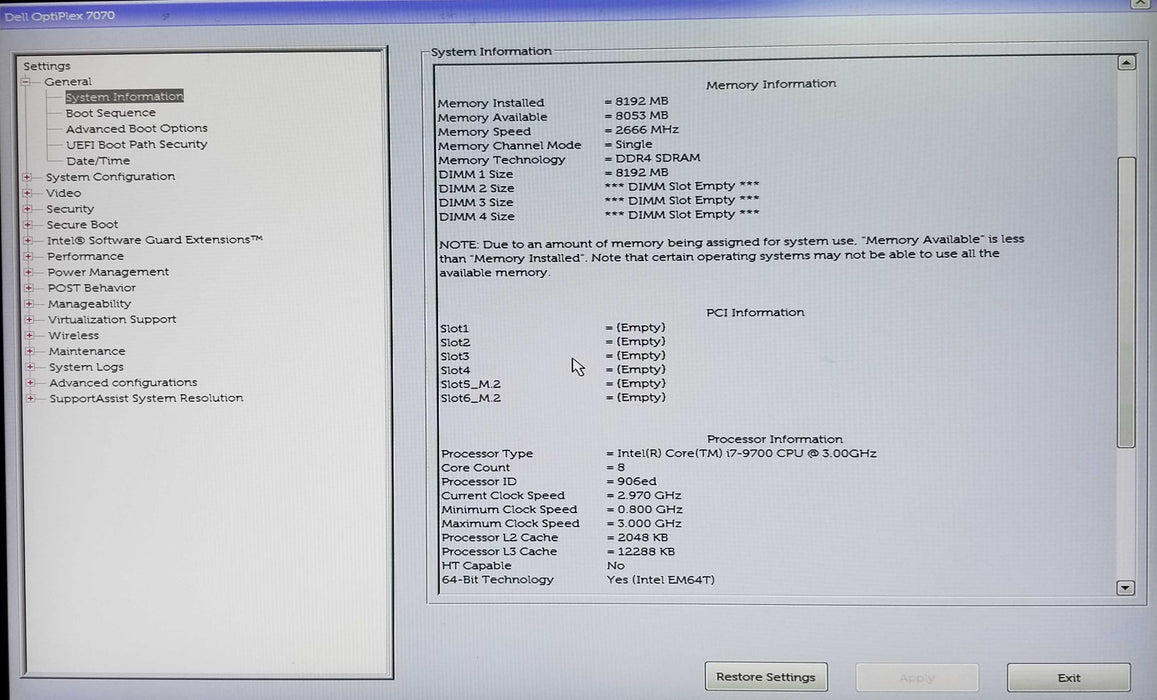 Dell OptiPlex 7070 Tower Intel i7-9700 CPU 3.0GHz 8GB RAM No HDD
