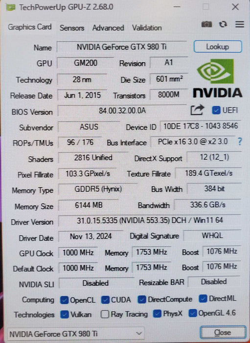 NVIDIA GeForce GTX 980 Ti 6GB GDDR5 Graphics Card