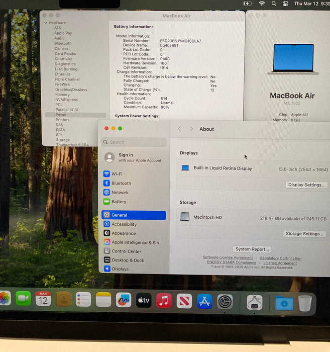 Apple MacBook Air 13 M2 2022 Silver 8GB RAM 256GB SSD No Power Adapter