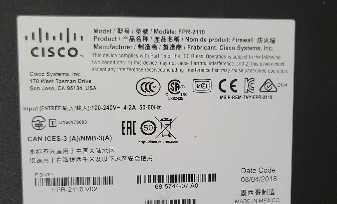 Cisco FirePower FPR-2110 v02 Firewall Security Appliance FPR2K-SSD100 _