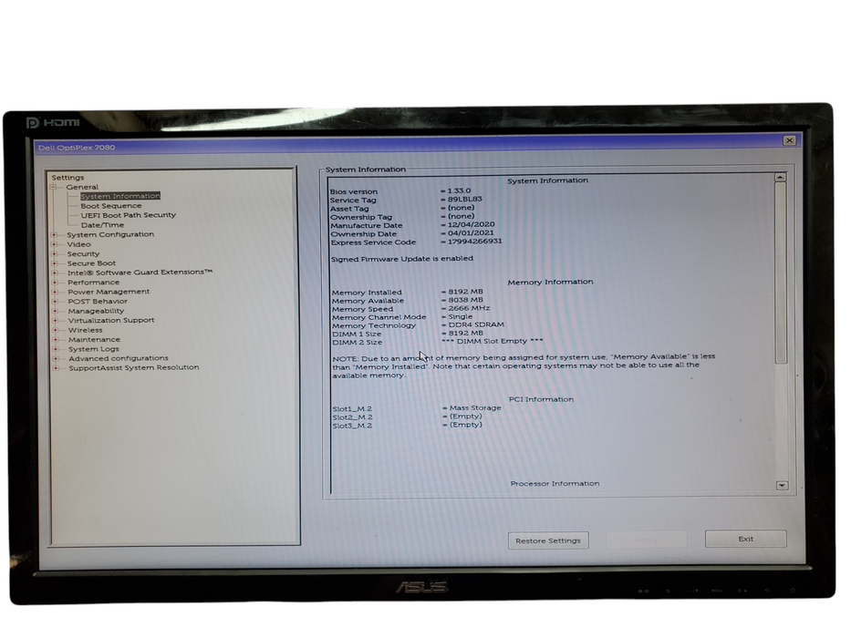 Dell OptiPlex 7080 USFF, i5-10500T, 8GB DDR4, 256GB NVMe, No OS