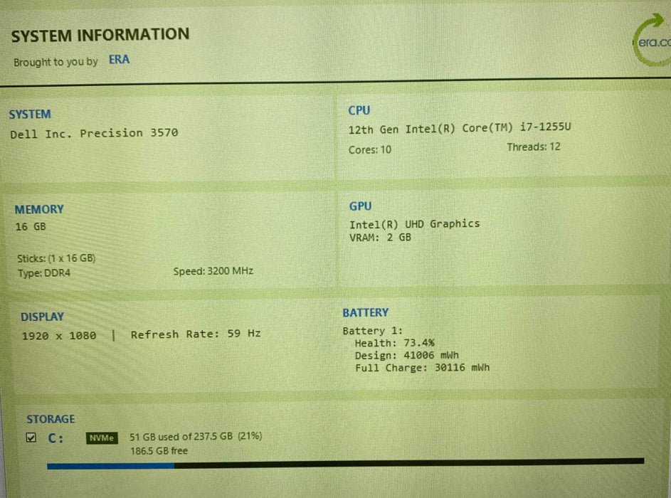 Dell Precision 3570 Core i7-1255U@1.70GHz vPRO 16GB RAM 256GB SSD  Lap200