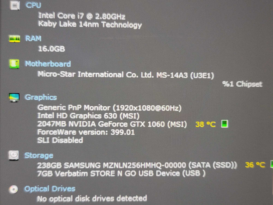 MSI Phantom Pro GS43VR i7-7700HQ 16GB DDR4 GTX 1060 256GB SSD NO ADAPTER β Lap200