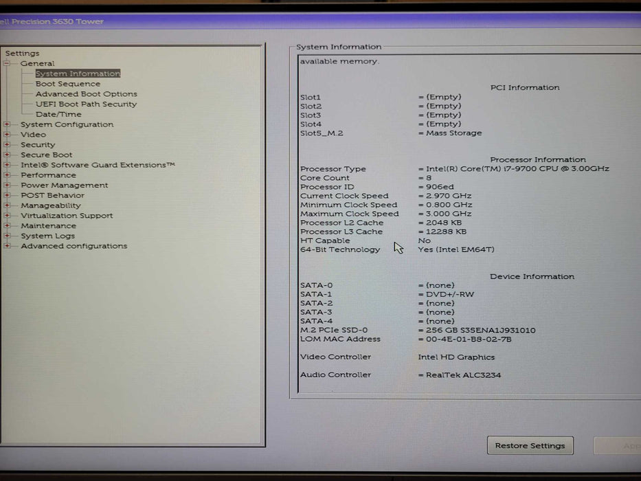 Dell Precision 3630 Core i7-9700 3.00GHz 8GB DDR4 256GB M.2 SSD _