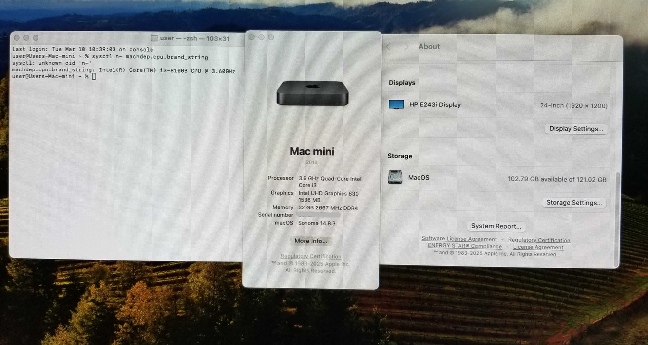 Apple Mac mini 2018 Intel Core i3-8100B 32GB DDR4 RAM 120GB Storage A1993