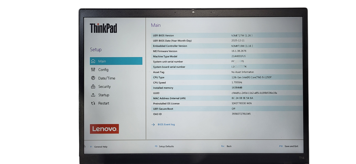 Lenovo ThinkPadn T14 Gen 3 i5-1250P CPU|16GB DDR4|256GB NVME|W/AC|READ  Lap200