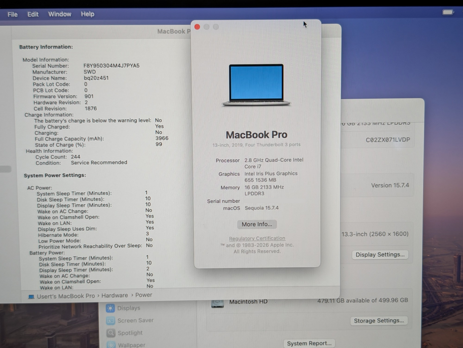 Apple MacBook PRO 13-inch 2019 Intel i7-8569U 16GB RAM 500GB A1989 READ   - Lap200
