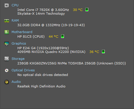 HP Z4 G4 Workstation, i7-7820X 3.60GHz, 32GB DDR4, 256GB NVMe, K2200