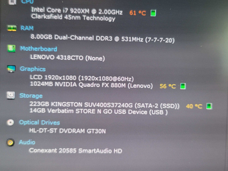 Lenovo ThinkPad W510 i7-920XM 8GB DDR3 Quadro FX 880M 240GB SSD READ  β BudLap