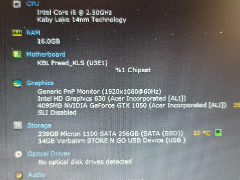 Acer Nitro AN515-54 i5-7300HQ 16GB DDR4 GTX 1050 256GB SSD  β Lap200