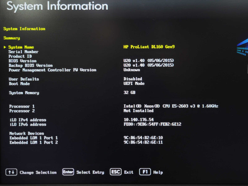 HP ProLiant DL160 Gen9 1x Xeon E5-2603v3 1.60GHz 32GB DDR4 B140i NO HDD _