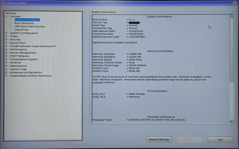 DELL OptiPlex 3090 USFF, i5-10500T 2.3GHz, 16GB DDR4, 256GB NVMe, WiFi, PWR