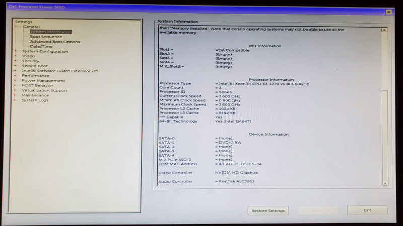 Dell Precision T3620 Xeon E3-1270 v5 32GB DDR4 K2200 - No HDD
