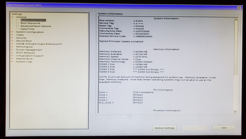 Dell Precision T3620 Xeon E3-1270 v5 32GB DDR4 K2200 - No HDD