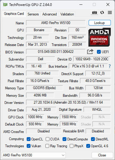 AMD FirePro W5100 4GB GDDR5 Graphics Card - 4xDisplay Port